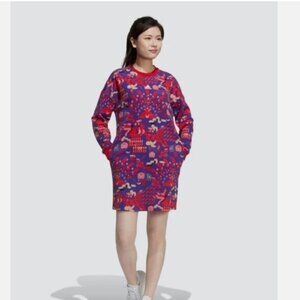 Adidas Womens Large Red Geometric CNY Chinese New Year Allover Print Shirt Dress